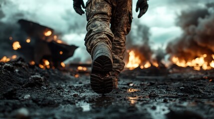 A soldier navigating through a smoky war-torn landscape, symbolizing bravery and resilience in the face of danger during challenging times.