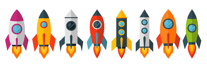 A Flat Design Illustration of Eight Colorful Rockets Launching into Space