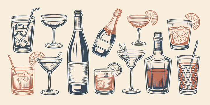 A Hand-Drawn Illustration of Various Cocktails and Drinks A Vintage Collection