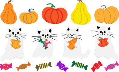 halloween vector elements set ghost cats pumpkins candies gourds holiday graphics children's designs adorable spooky season clip art