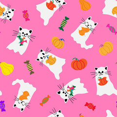 glam girls halloween fun pink background with charming feline spirits and candy elements a sweet design for children's merchandise and festive decor