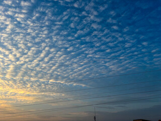 Blue sky full of textured cirrocumulus or altocumulus clouds, with a few power lines running across the bottom
