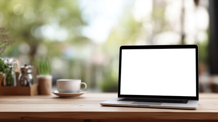 Modern laptop on wooden desk in bright outdoor setting