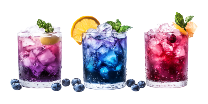 Pack Collection Vibrant Purple Blue and Red Cocktails A Refreshing Visual Delight set against transparent background