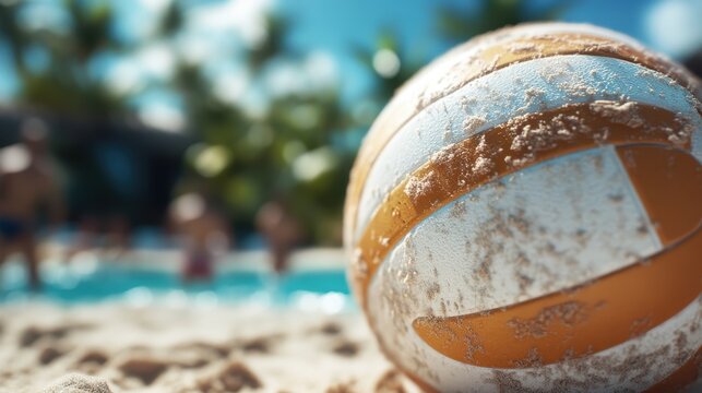 A weathered beach volleyball sits on sunlit sand, surrounded by a tropical setting, evoking feelings of summer fun and leisure, perfect for sports enthusiasts.
