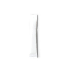A small, white sugar packet commonly used in cafes and restaurants for sweetening beverages.