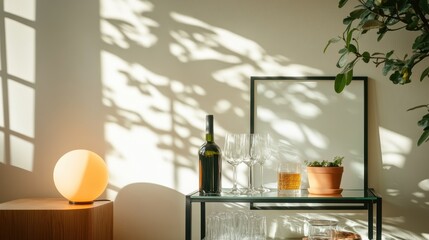 A stylish bar cart presents a collection of drinks and glassware, beautifully illuminated by soft light, creating an inviting atmosphere for social gatherings.