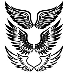 Set of Three Pairs of Stylized Black Angel Wings with Ornamental Feathers in Tribal Tattoo Style on White Background.