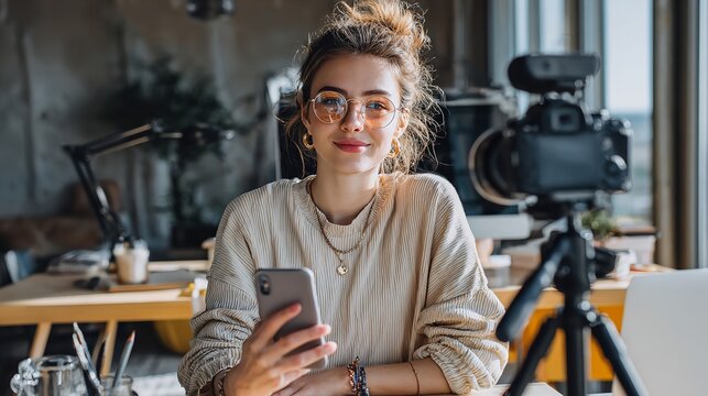 Woman influencer content creator using phone and camera for social media marketing video blogging online