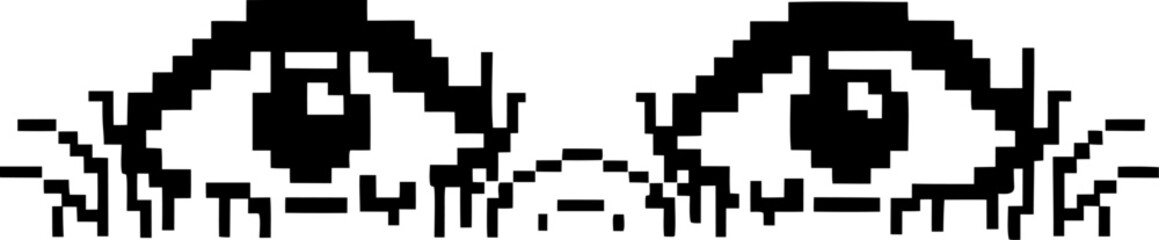 Obraz premium Pixel art eyes peeking with curiosity retro digital black and white face, surprised expression, minimal sketch icon