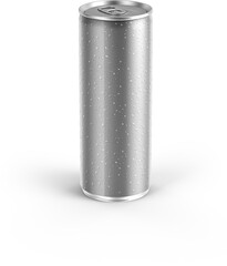 A sleek, silver beverage can with a smooth surface and condensation droplets, suggesting a cold drink inside.