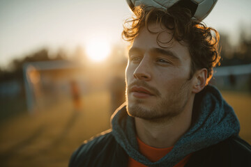 Pensive young footballer with tousled hair balancing a soccer ball on his head at sunset, standing on a field with soft golden light and blurred goalpost in the background ai generate 