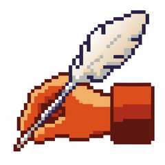 Pixel art hand writing with quill retro digital illustration of creative author, literature, classic penmanship concept