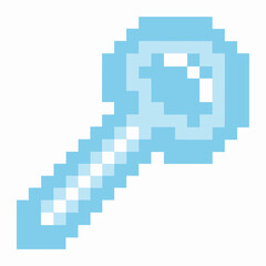 Fototapeta premium Pixelated blue magnifying glass icon on white background, digital search symbol, retro style, technology concept illustration