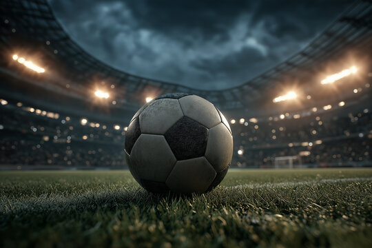 Close-up of a classic soccer ball resting on the grass under dramatic stadium floodlights, with a packed audience and cloudy night sky creating an intense, cinematic match atmosphere