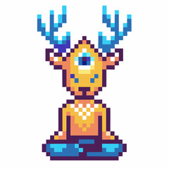 Fototapeta premium Pixel art one eyed deer meditating in lotus pose, blue antlers, mystical fantasy creature, retro game animal