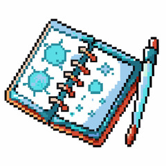 Pixel art open notebook with blue stains and pen retro digital sketchbook, creative learning or writing concept