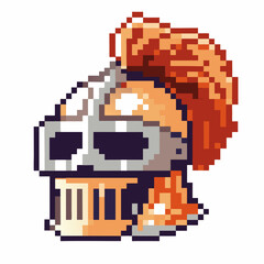 Obraz premium Pixel art medieval knight helmet with red plume retro gaming armor icon, vintage metal protective headgear