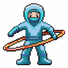 Obraz premium Pixel art character in blue hazmat suit playing with colorful hula hoop, retro game style, safety and fun concept