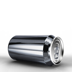 A shiny, metallic beverage can lying on its side, showcasing its smooth surface and pull-tab opening.