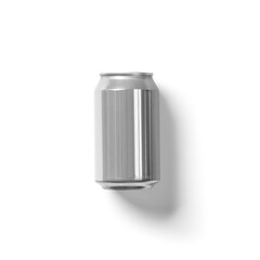 A plain silver aluminum can, typically used for beverages, showcasing a minimalist design.