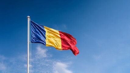 Romanian flag waving proudly against a clear sky on Independence Day celebrations