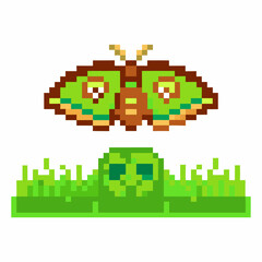 Pixel art green moth flying above grass and caterpillar retro digital insect illustration for nature, wildlife, gaming, childhood themes