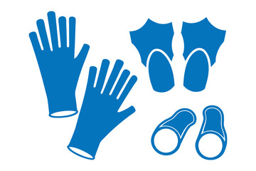 Bold Blue Vector Icon Set of Diving Gear Including Gloves and Flippers for Underwater Sports, Safety Designs, and Aquatic Graphic Projects