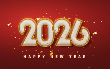 New Year 2026 Celebration With Golden 3D Numbers, Confetti, And Red Background. Festive Holiday Design Perfect For Greetings And Posters. Vector Illustration