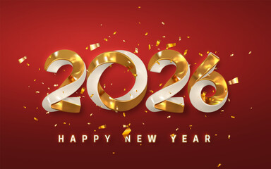 Happy New Year 2026 Text in Gold and White with Shiny Confetti on Red Background. Luxurious Holiday Celebration Style for Greeting Cards or Banners. Vector Illustration