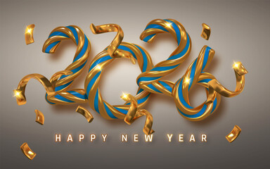 2026 New Year Celebration Design with Twisted Gold and Blue Glossy Ribbon Numbers, Sparkling Confetti, and Festive Elegant Style on Gradient Background. Vector Illustration