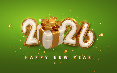 New Year 2026 Celebration With Gold Gift Box, 3D Numbers, And Confetti On Green Background. Festive Holiday Greeting Design. Vector Illustration