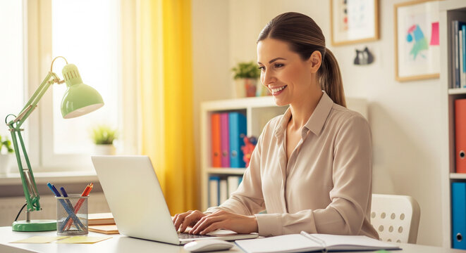 Smiling woman working on laptop at bright office desk, focus on productivity and professional tasks