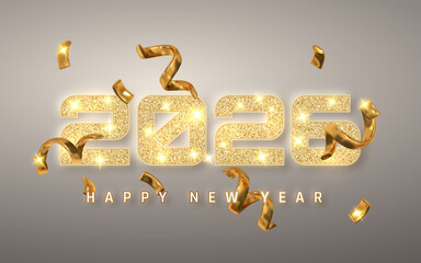 New Year 2026 Celebration With Shiny Golden Glitter Numbers, Sparkling Lights, And Falling Ribbons On Gray Background. Perfect Festive Design. Vector Illustration