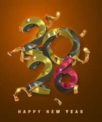 New Year 2026 Metallic Gold and Red 3D Numbers with Shiny Confetti on Warm Orange Background. Festive, Luxurious Holiday Typography. Vector Illustration
