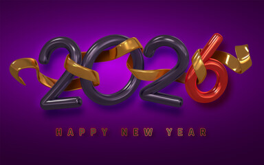 New Year 2026 Celebration Banner With 3D Numbers, Gold Ribbon, And Vibrant Purple Background. Modern Festive Holiday Greeting Design. Vector Illustration