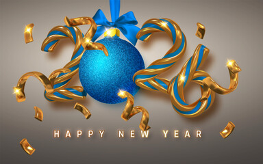Luxury New Year 2026 Greeting With Gold and Blue Ribbon Numbers, Glitter Ornament, and Confetti on Elegant Background. Festive Holiday Design. Vector Illustration