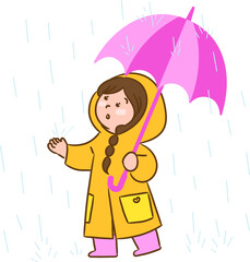 Fototapeta premium Girl in Raincoat Holding Pink Umbrella Illustration
