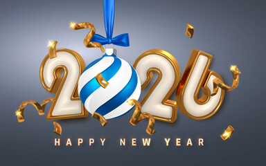 New Year 2026 Celebration With Golden Numbers, Shiny Ribbon, And Christmas Ball On Dark Background. Elegant Festive Holiday Design. Vector Illustration