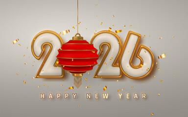 New Year 2026 Celebration With Red Lantern, Golden 3D Numbers, And Festive Confetti On Elegant Background. Perfect For Holiday And Chinese Themed Designs. Vector Illustration