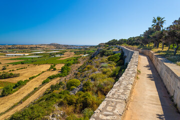 View of a fortification wall near the city of Mosta, Malta