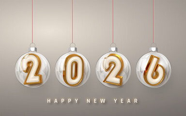 New Year 2026 Golden Numbers Inside Transparent Christmas Baubles Hanging on Strings with Elegant Light Background. Stylish Festive Holiday Greeting. Vector Illustration