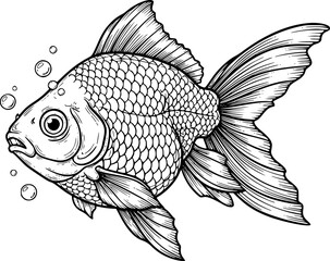 Illustration of a detailed goldfish with bubbles in black and white ink drawing. Vector illustration
