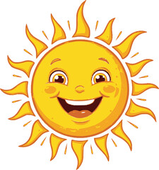 Smiling sun drawing with expressive happy face in bright yellow tones. Vector illustration

