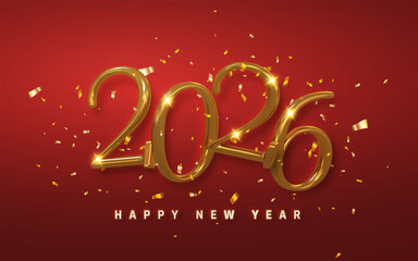 Happy New Year 2026 Celebration with Golden Text, Sparkling Lights, and Confetti on Red Background. Perfect for Festive Greeting Designs. Vector Illustration