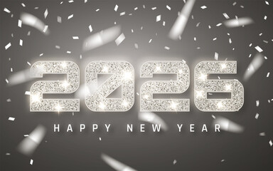 New Year 2026 Silver Glitter Numbers With Shiny Confetti On Dark Background. Stylish And Festive Holiday Party Design For Seasonal Greetings. Vector Illustration