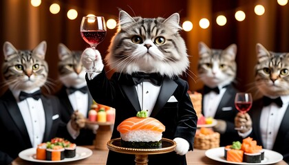 A group of cats in tuxedos celebrate with sushi and wine. One cat raises a glass, while others present various sushi dishes on plates. The setting is festive with lights.