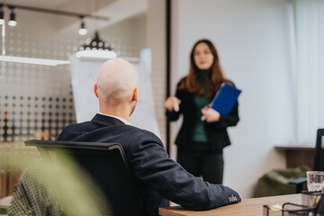 Two colleagues in a formal office environment having a discussion during a meeting. Professional...