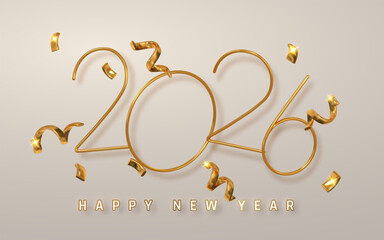 Golden 2026 New Year Celebration With Elegant Thin Line Numbers, Shiny Confetti, And Minimal Beige Background. Perfect For Holiday Invitations And Greetings. Vector Illustration
