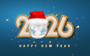 New Year 2026 Celebration With Golden Numbers, Santa Hat, Snow Globe, and Confetti on Blue Background. Festive Holiday Design. Vector Illustration